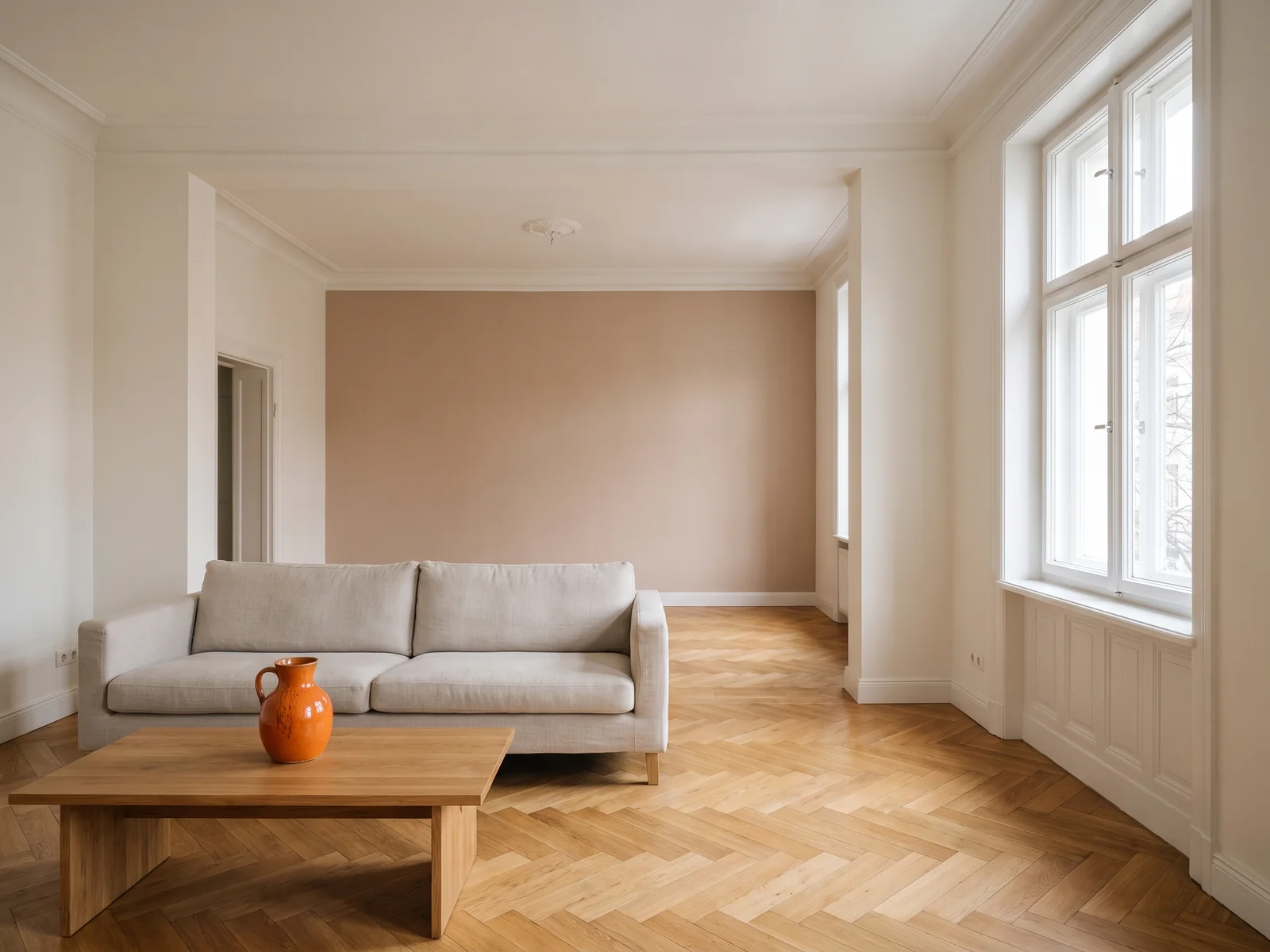 Helles renoviertes Altbau-Wohnzimmer: KI-generierte Wohnidee, keine Kundenreferenz
