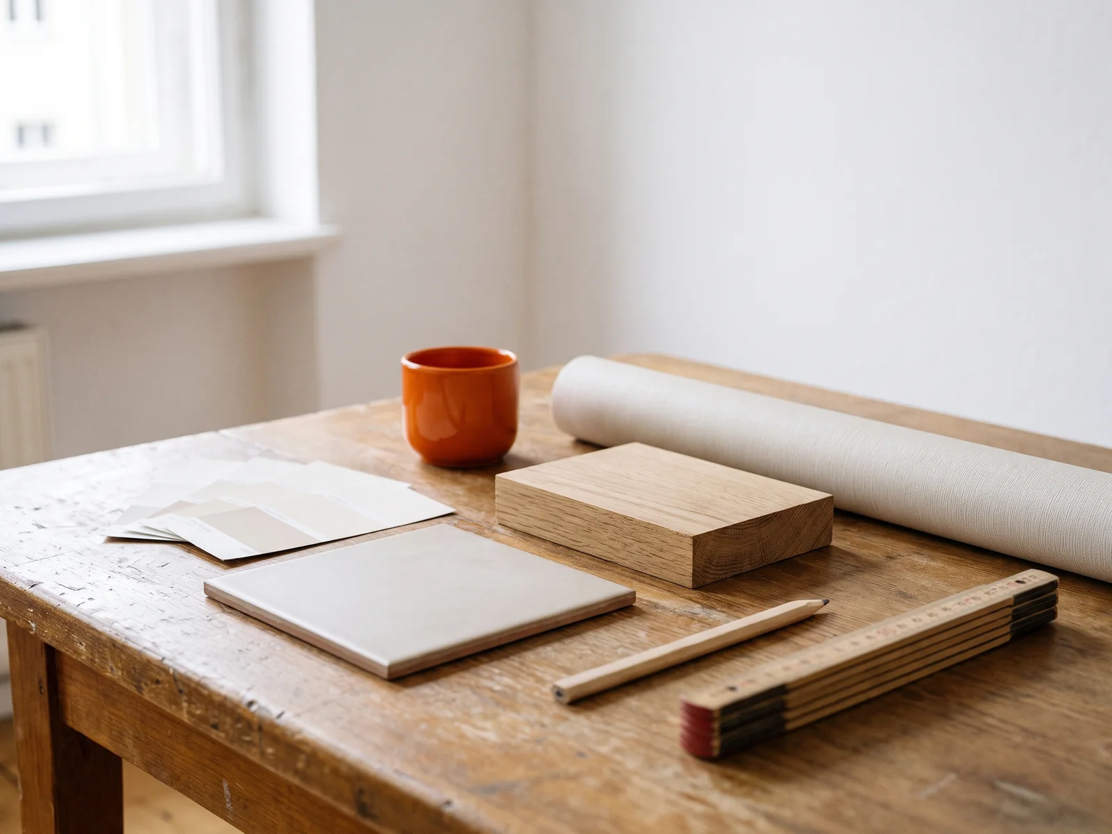 Materialmuster und Farbplanung: KI-generierte Wohnidee, keine Kundenreferenz